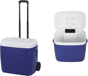 A Cooler With Handle and Wheels