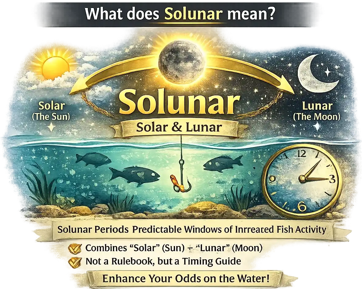 Solunar is a blend of “solar” (the sun) and “lunar” (the moon).
