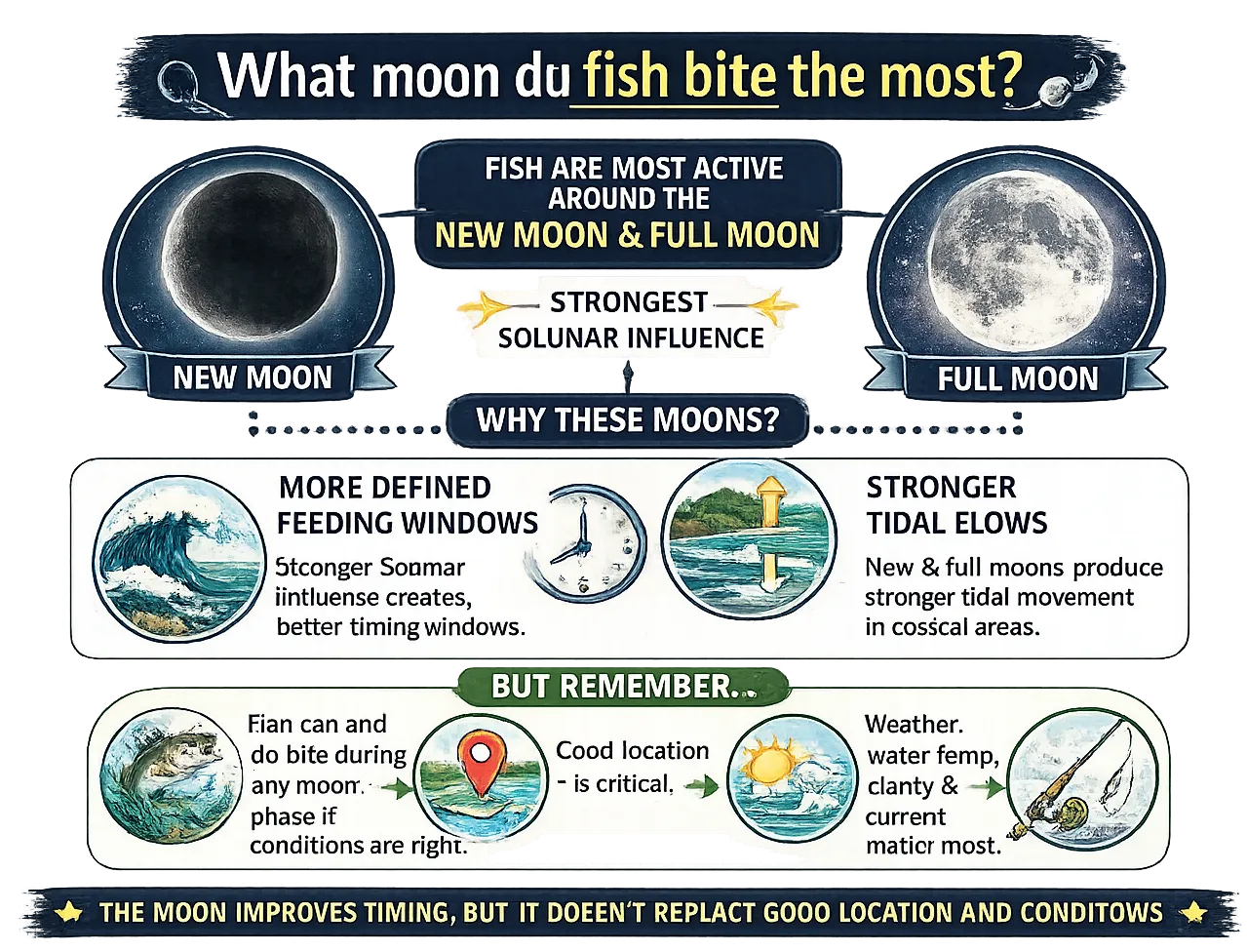 Fish are often most active around the new moon and full moon, when Solunar influence is considered to be strongest.