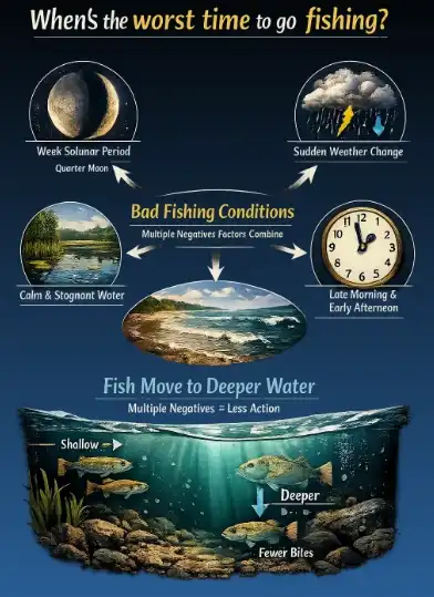The worst fishing conditions usually occur during weak Solunar periods, such as quarter moons, combined with poor local factors.